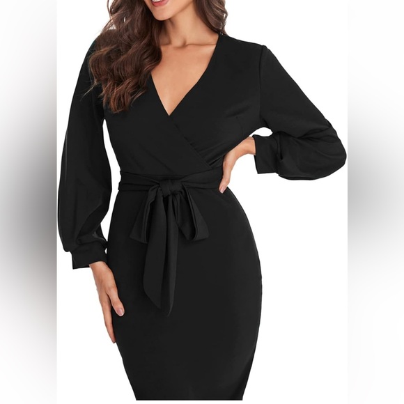 Women's Long-Sleeve Wrapped/Belted Bodycon Dress - Black- XL - Picture 4 of 11